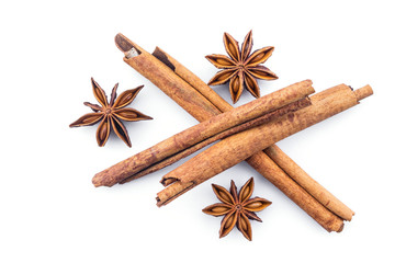 cinnamon and star anise on white background.