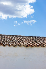 vintage tiled roof against the blue sky, background with architectural elements