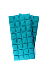 Vertical Image of a Pair of Pop Art Style Vibrant Turquoise Blue Chocolate Bars on White Background