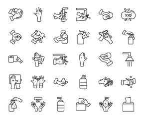 cleaning and hand hygiene icon set, line style