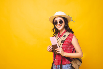 Asian women backpacker got tickets to travel promotion on summer, Young girl traveller smiling, She...