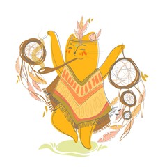 indian cat illustration with dream catchers