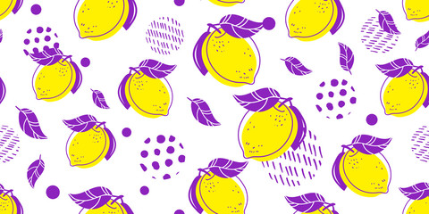 Nahtloses helles Lichtmuster mit frischen Zitronen mit lila Blättern für Stoff, Zeichnungsetiketten, Druck auf T-Shirt, Tapetenfruchthintergrund. Scheiben eines fröhlichen Hintergrunds im Zitronendoodle-Stil.