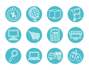 magnifying glass and ecommerce icon set, block line style