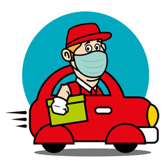 Thank you frontliner. Cartoon delivery man wearing protective surgical face mask to delivery parcel with car
