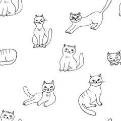 Seamless pattern with hand drawn cute cats