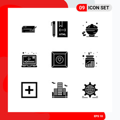 Modern Set of 9 Solid Glyphs and symbols such as player, open, develop, fast, date