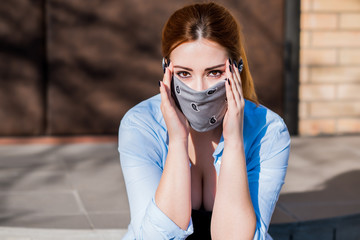 Woman in cotton mask, fighting mood, modern people lifestyle