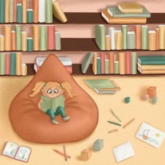 Cute illustration. Girl is sitting in a library and reading a book.