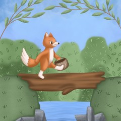 Cute illustration. Fox walks through the forest across the river.