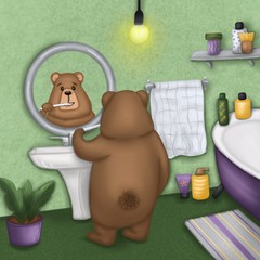 Cute illustration. Bear brushes teeth in the bathroom.