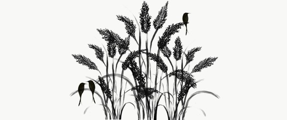 Silhouette of a bird sitting on a branch on white background.