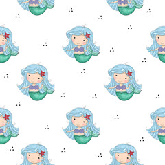 Seamless pattern with Hand drawn vector little mermaid. Cute hand drawn with cute little mermaid vector seamless pattern illustration. Cute Cartoon mermaid