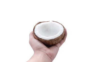Isolated photo of tropical fruit coconut shell grabbed by hand with flesh on white background with clipping path