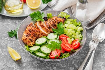 Grilled chicken breast, fillet and fresh vegetable salad. Healthy lunch menu.