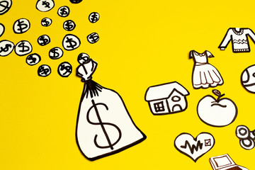 Dinero y todo lo que puedes adquirir con el dinero por medio de dibujos