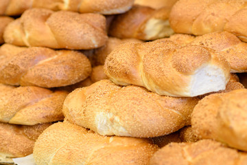 Fresh Challah for sale at local city bakery. Jewish traditional bread for shabbat.