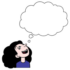 woman with black hair looks up and dreams. laugh, thought bubble, wishes, space, avatar, comic.