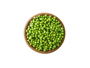 Green peas on bowl isolated on a white background. Vegetables with copy space for text. Green peas isolated on white. Top view. Isolated macro food photo close up from above on white background.