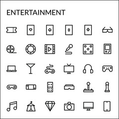 Simple Entertainment Icon Set With Line Style Contain Such Icon as Movie, Ticket, Cards, Cinema, Media, Video, Joystick, Headphone, Domino, Diamond, Television, and more. 48 X 48 Pixel Perfect