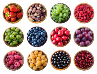 Top view. Fruits and berries in bowl on white background. Fruits with copy space for text. Collage of different fruits and berries isolated on a white background. Fruits and berries isolated on white.