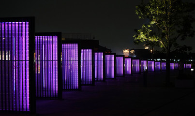 Night view of the purple connected light of the park