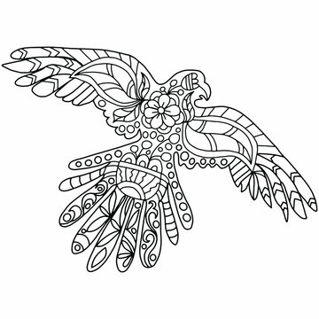 bird drawn with abstract floral ornaments in folk style on a white background for coloring, vector