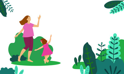 Fototapeta premium Mother and child dance. Vector illustration with a woman and daughter surrounded by leaves, space for text. Template for a postcard, banner, or poster.