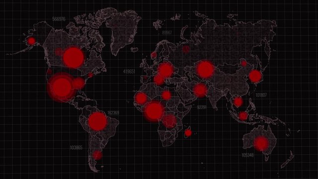 Motion graphics world map of a Corona virus COVID-19 pandemic outbreak, hot spots and numbers data. Outbreaks of diseases and emergency. Map turning red in alert, 10 seconds version with sligh angle.