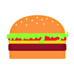 Tasty and bright burger isolated on a white background in flat style.Burger with meat, cheese, tomato and lettuce.Vector illustration of fast food.
