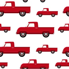 Draagtas Rode pick-up naadloze patroon geïsoleerd op een witte achtergrond. Inpakpapier, behang, print op kleding © Екатерина Власенко