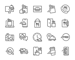 set of food delivery icons, online shopping, food and drinks