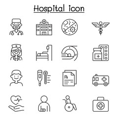 Set of Hospital related vector line icons. contains such Icons as doctor, nurse, healthcare, virus, prescription, patient, mri scaner, medicine, ambulance, wheelchair, hospital building, and more.