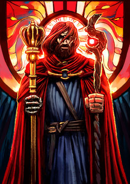 A severe bearded man in a red parade ground, with a scar on his face, holds two staffs in each hand, one the scepter of the king, the other the stick of the hermit, symbolizing the tarro card "two of 