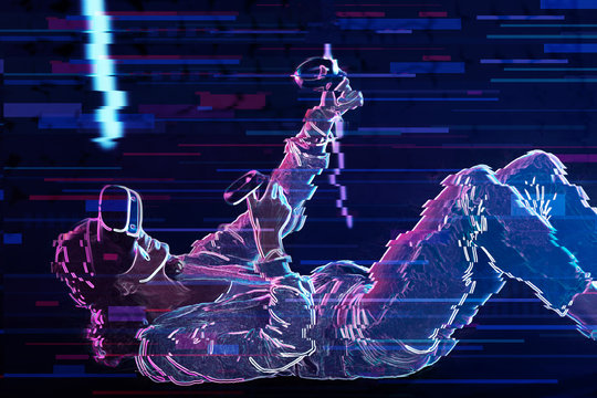 Teenage curly girl is playing in virtual reality game club. Smiling young woman in VR glasses is lying on floor, using wireless controllers. Entertainment and leisure concept. Modern technologies.