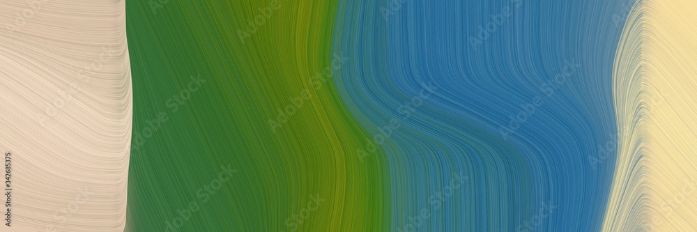 Poster abstract moving horizontal banner with wheat, dark olive green and teal blue colors. fluid curved lines with dynamic flowing waves and curves for poster or canvas