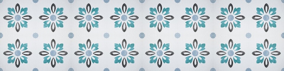 White vintage shabby tiles texture with gray turquoise  flower blossom point motif print Background banner long