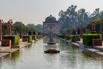 Sunder Nursery, Delhi, India-Feb, 2020 : a view of the fountains in front of the Sunderwala burj, Sunder Nursery, Delhi, India