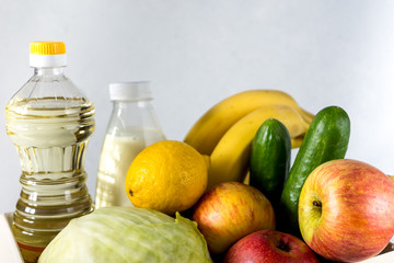 Food Delivery Box Donation Food Donation Concept. donation box with vegetables, fruits and other food for people