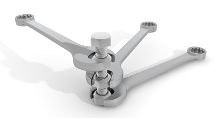 Turn the spanner. Use bolts. Construction work. 3D rendering