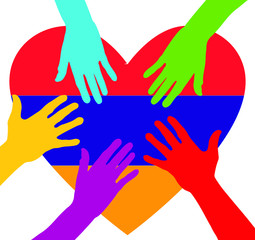 Care and charity concept - hands on the Armenia Flag Heart. Patriotic concept. People raising their hands to become volunteers. The concept of big problems because of the coronavirus pandemic.
