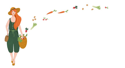 Happy girl with healthy food. Colorful illustration of young woman in spring outfit.