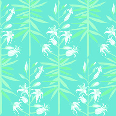 Seamless colored blue background with white flowers of lilies with green leaves.