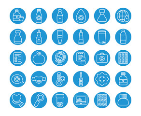flasks and medicine icon set, line block style