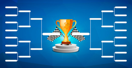 Tournament bracket template for 16 teams with golden cup winner award on blue background