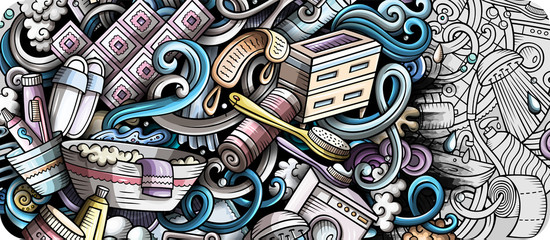 Obraz premium Bathroom hand drawn doodle banner. Cartoon detailed flyer.
