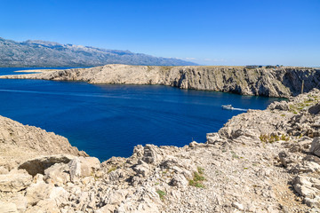 Fototapeta na wymiar Croatian rocky coast. Mediterranean Sea, Kvarner Bay near Pag Island, Croatia, landscape.