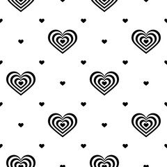 Seamless pattern. Striped black-white and black hearts on white background. Vector illustration. Ideas for holiday designs, backgrounds, greeting cards, holiday prints, designer packaging, textile.