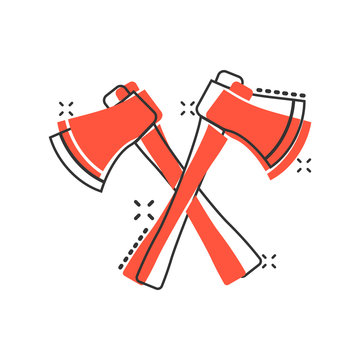 Axe icon in comic style. Lumberjack cartoon vector illustration on white isolated background. Blade splash effect business concept.