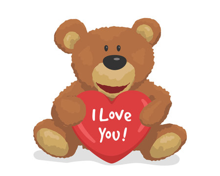 Cute teddy bear with a heart. I love you. Design element greeting card for valentines day. Vector illustration.